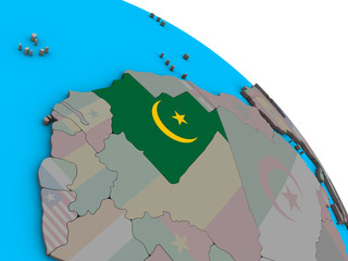 Mauritania with embedded national flag on simple blue political 3D globe.