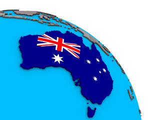 Australia with embedded national flag on simple blue political 3D globe.
