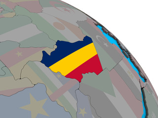 Chad with embedded national flag on simple blue political 3D globe.