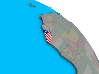 Liberia with embedded national flag on simple blue political 3D globe.