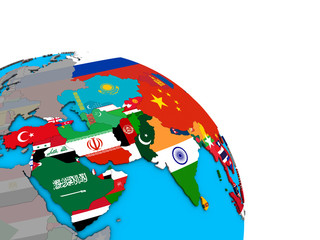 Asia with embedded national flags on simple blue political 3D globe.