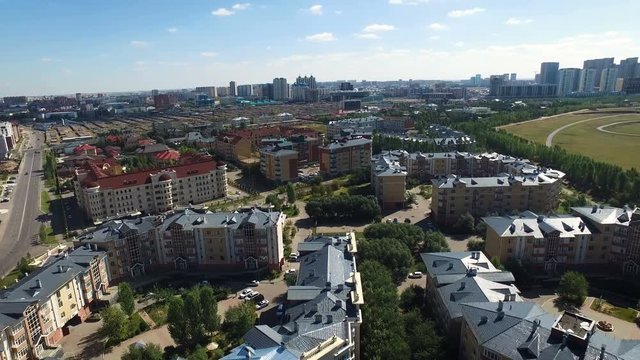 Residential area of the city of Astana. View of Kazakhstan, rivers, fields quadcopter view