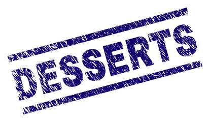DESSERTS seal watermark with grunge style. Blue vector rubber print of DESSERTS tag with corroded texture. Text tag is placed between parallel lines.