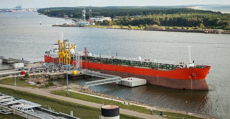 The oil tanker is moored at the petroleum product terminal in the port of Klaipeda. © Juozas55