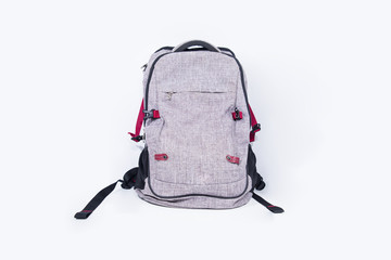 Empty gray backpack isolated on white background