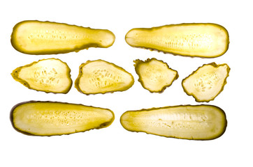 Canned cucumbers in longitudinal and transverse section through a lumen isolated on white background.
