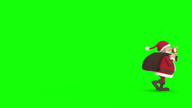 Seamless looping animation of a cartoon Santa Claus walking with gift bag and a bell on a green background from screen left to right and back. Side view. High quality 3d animation