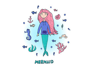 Mermaid and sea set. Vector illustration.
