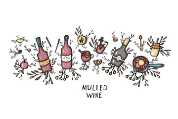 Vector set of mulled wine elements and objects.