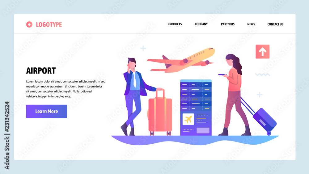 Poster vector web site gradient design template. airport terminal and passengers waiting for flight. landin
