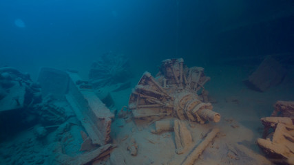 WW2 era aircraft engines inside shipwreck