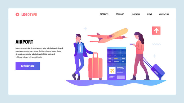 Vector web site gradient design template. Airport terminal and passengers waiting for flight. Landing page concepts for website and mobile development. Modern flat illustration.