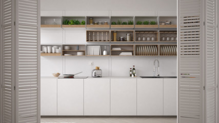 White folding door opening on modern luxury contemporary minimalistic white and wooden kitchen, interior design, architect designer concept, blur background