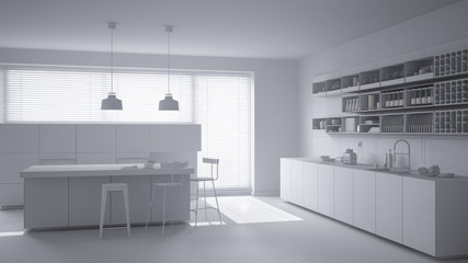 Total white project of minimalistic kitchen with island and stools,big window and pendant lamps, modern architecture interior design