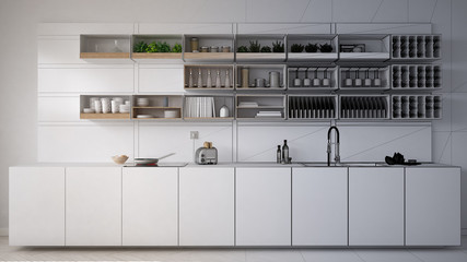 Unfinished project draft of minimalistic kitchen, modern architecture interior design
