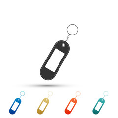 Key chain icon isolated on white background. Blank rectangular keychain with ring and chain for key. Set elements in colored icons. Flat design. Vector Illustration