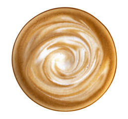 Hot coffee latte cappuccino spiral foam top view isolated on white background, clipping path...