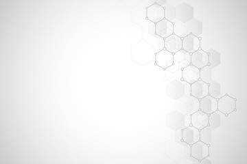 Fototapeta premium Geometric background texture with molecular structures and chemical compounds. Abstract background from hexagons pattern. Vector illustration for medical or scientific and technological modern design.