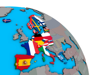 Schengen Area members with embedded national flags on simple blue political 3D globe.