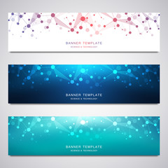 Vector banners and headers for site with molecules background and neural network. Genetic engineering or laboratory research. Abstract geometric texture for medical, science and technology design.