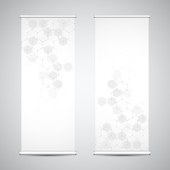 Roll up banner stands with abstract geometric background from hexagons pattern. Hi-tech digital background. Vector illustration for technological or scientific modern design.