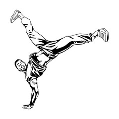 B-boy dancer character in dynamic pose. Hand drawn lineart vector illustration. Hip hop dance. Can be used for creating logo, posters, flyers, emblem, prints, web and other crafts