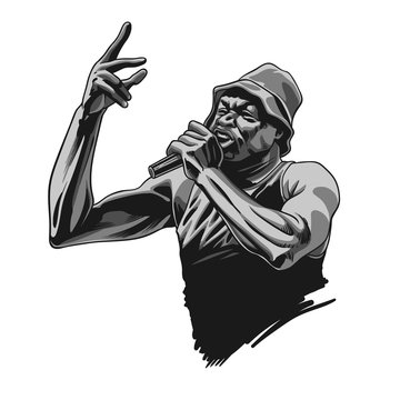 Rap singer. Rapper character with microphone in comic style. Vector illustration