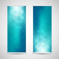 Roll up banner stands with abstract geometric background of molecular structure and genetic engineering. Hi-tech digital background. Vector illustration for technological or scientific modern design.