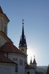 Silhouette of the spire of the Orthodox Church of St. Nicholas, Brasov, Romania.