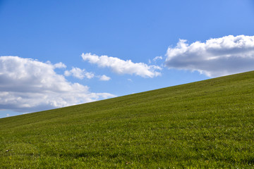 Naklejka premium big white clouds in a blue sky above green grass