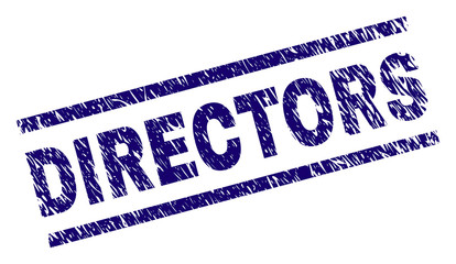 DIRECTORS seal print with scratced style. Blue vector rubber print of DIRECTORS text with grunge texture. Text caption is placed between parallel lines.