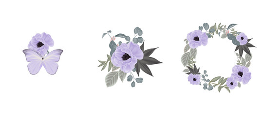 Floral bouquet composition set, purple anemone flowers and leaves