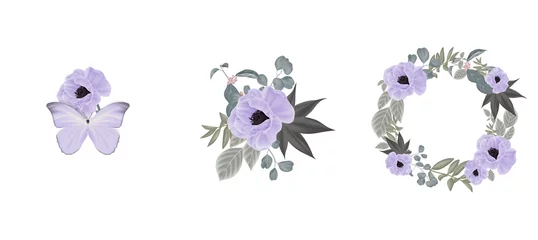 Fotobehang Floral bouquet composition set, purple anemone flowers and leaves © momosama
