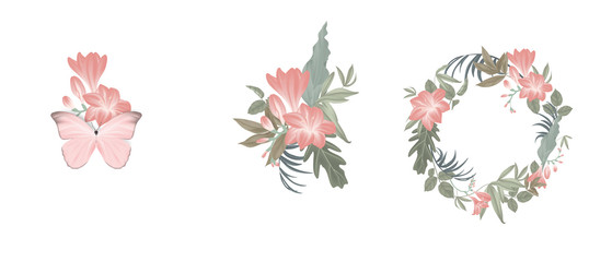 Floral bouquet composition set, red freesia flowers and leaves