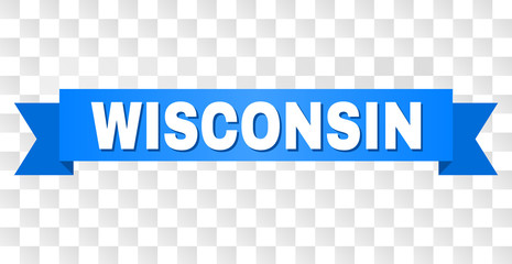 WISCONSIN text on a ribbon. Designed with white title and blue stripe. Vector banner with WISCONSIN tag on a transparent background.