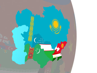 Central Asia with national flags on simple political globe.