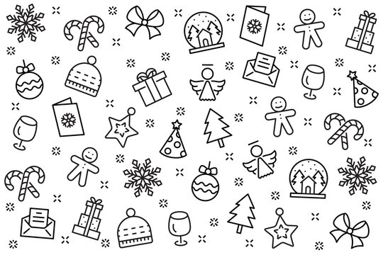 christmas background and happy new year 2019, christmas icons set