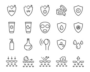 set of skin line icons, facial sun block icon, facial mask