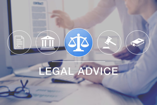 Legal advice and lawyer consulting service, concept with icons of justice, court, law, contract and in background two consultant working on document on computer screen, business legislation, notary