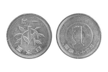 Coin 1 yen. Japan isolated on white background - clipping paths