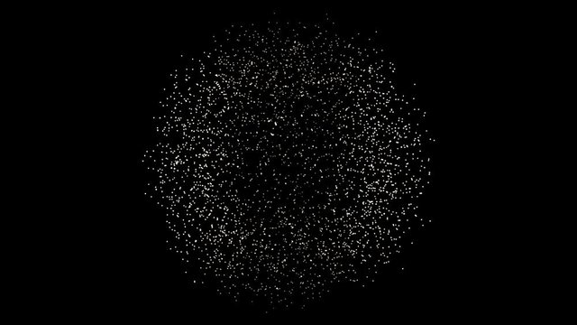Animation of Sphere made of moving dots on black background. Metamorphose of amorphous shape from dots and lines. Dots on a regular grid surface perform chaotic movements and disperse in space