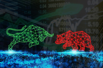 polygonal bull and bear shape writing by lines and dots over the Stock market chart with information over the Modern business building glass of skyscrapers, trading and finance investment concept - 231350344