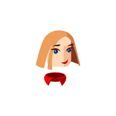 Girl character with blue eyes and red straight hair. Female character face with red collar. Mascot for a businesswoman. Avatar for a young woman. Face of a lady looking to the side, three quarters
