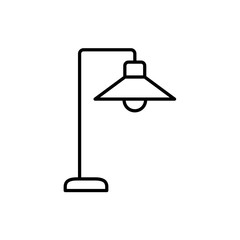 Black & white vector illustration of industrial table lamp. Line icon of modern desk light fixture. Home & office illumination. Isolated on white background