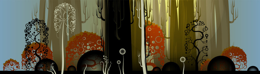 Illustration of strange stylized forest with different trees, curly bushes and funky grasses. Horizontal image of woods for animation or game background. Landscape with funky trees.
