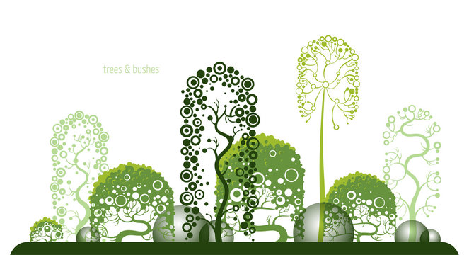 Illustration of strange stylized green park with different curly trees and two sorts of funky bushes. Landscape image of a grove for animation or game background. Set of geometrical trees and bushes.