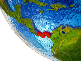 Panama on model of Earth with country borders and blue oceans with waves.