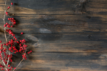 christmas background with copy space. New Year background with decorations. Cone, berries,...