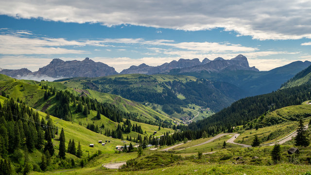 Summer Arabba valley scenery in Italian Dolomites