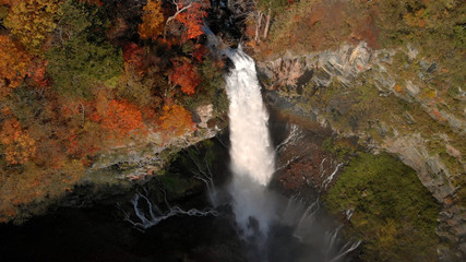 Fototapeta na wymiar Aerial view of Kegon waterfall and autumn foliage, Nikko, Tochigi, Japan